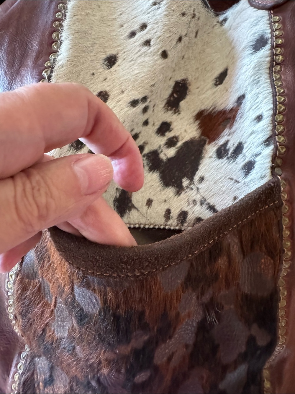 Campomaggi Brown Leather and Cowhide Patchwork Tote Bag w/ crossbody strap - Picture 3 of 11